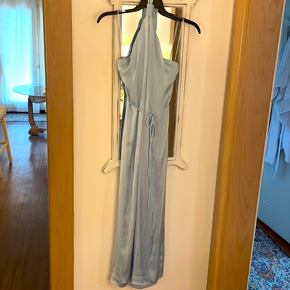 Light blue midi dress. Halter top. Tie at waist is removable